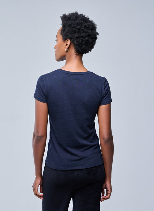Jamie Round Neck T-shirt in black and in Deluxe Cotton.  Available on our e-shop. Secured payment. Customized customer service. - MAJESTIC FILATURES