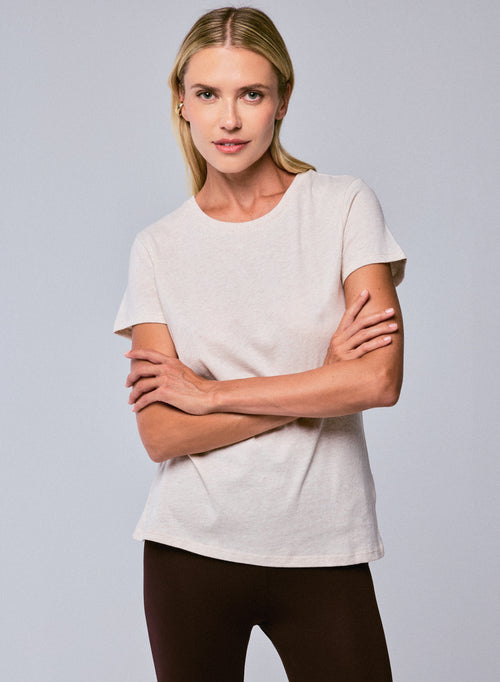 Beige Jamie Round Neck Short Sleeves T-Shirt in Organic Cotton - MAJESTIC FILATURES