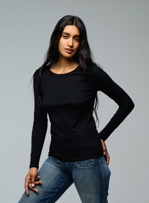Black T-shirt Round Neck Long Sleeves WOMEN Majestic Filatures