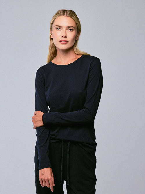 T-shirt Marine Col Rond Manches Longues en Coton organique - MAJESTIC FILATURES