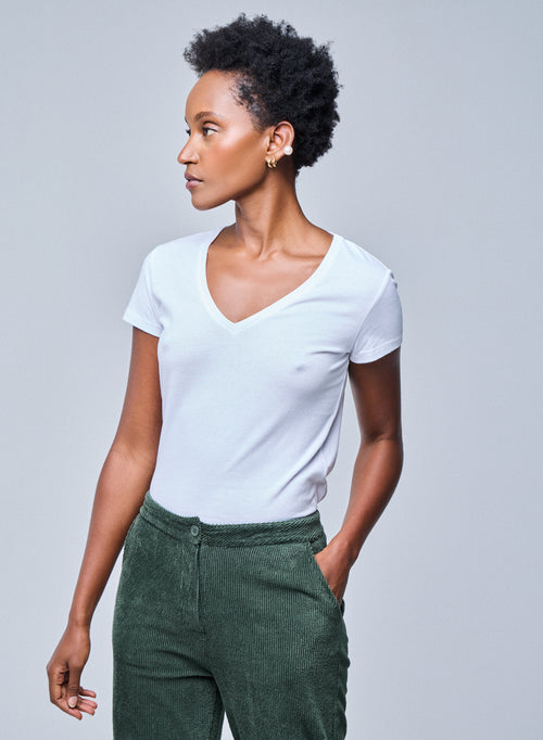 White Julia V-Neck Short Sleeve Organic Cotton T-Shirt - MAJESTIC FILATURES