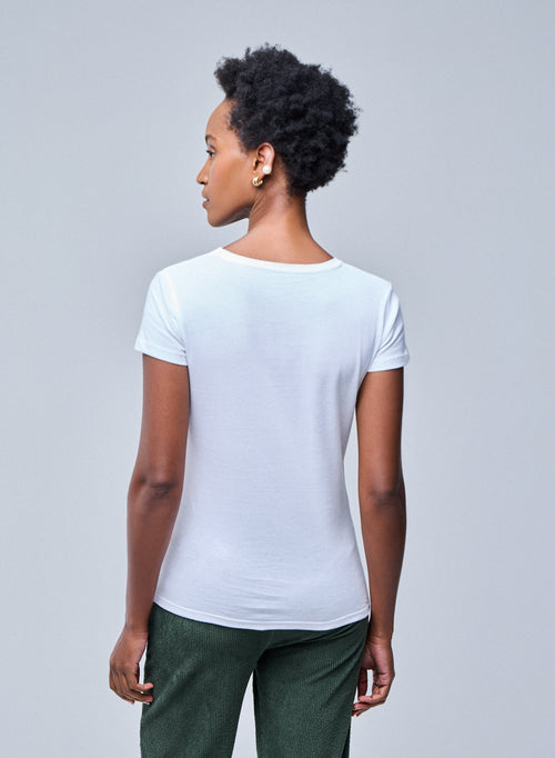Weißes Julia T-Shirt mit V-Ausschnitt und kurzen Ärmeln aus Deluxe Baumwolle - MAJESTIC FILATURES