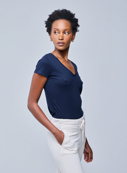 Navy blue Julia V-Neck Short Sleeves T-Shirt in Organic Cotton - MAJESTIC FILATURES