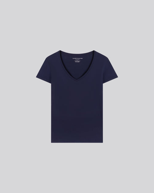 Navy blue Julia V-Neck Short Sleeves T-Shirt in Organic Cotton - MAJESTIC FILATURES