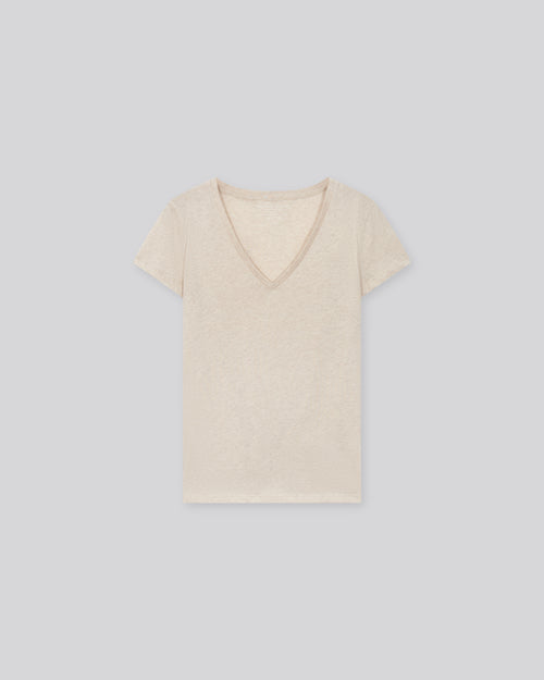T-shirt Beige Julia Col V Manches Courtes en Coton organique - MAJESTIC FILATURES