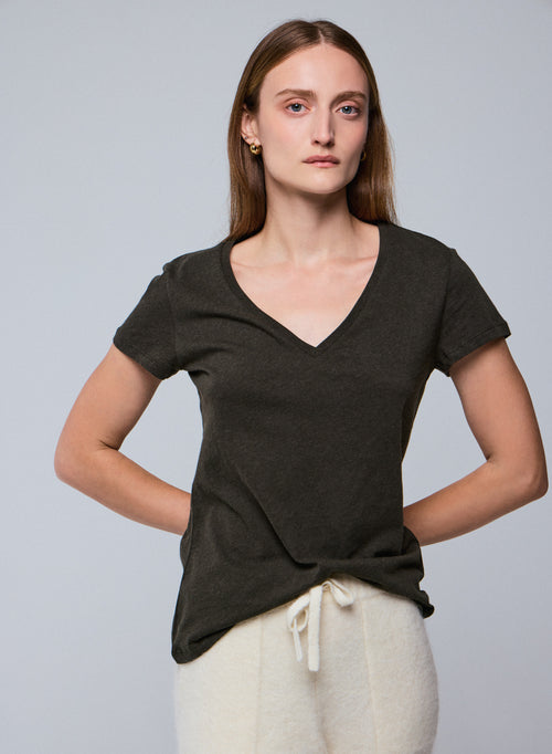 Green Julia V-neck Short Sleeves T-shirt in Organic Cotton - MAJESTIC FILATURES