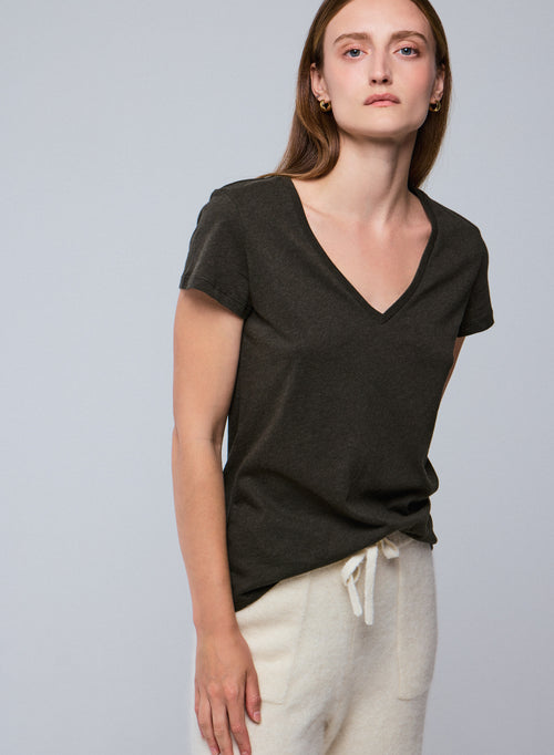 Green Julia V-neck Short Sleeves T-shirt in Organic Cotton - MAJESTIC FILATURES