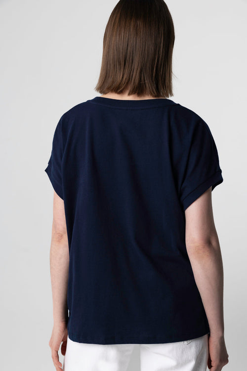 Camiseta azul marino con cuello en V y manga corta de algodón orgánico - MAJESTIC FILATURES