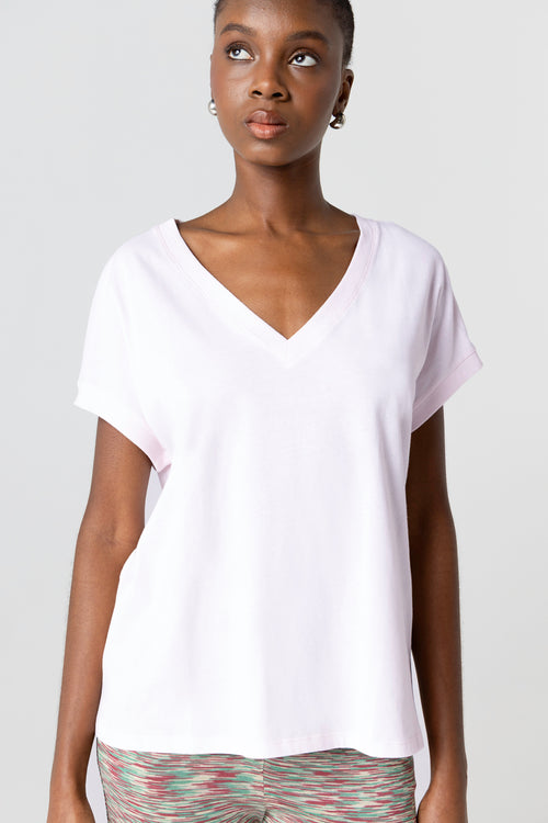 T-shirt Rose Col V Manches Courtes en Coton Organique - MAJESTIC FILATURES