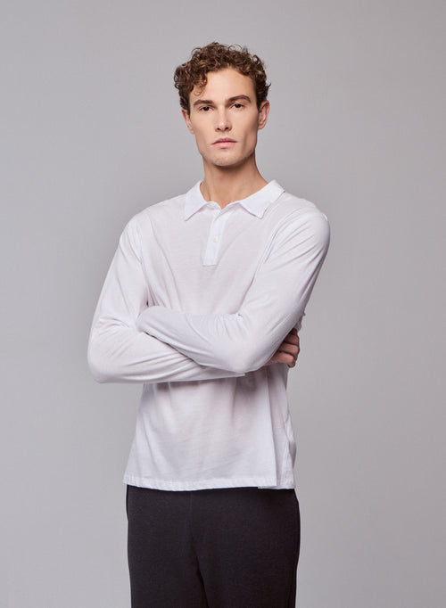 White Polo Shirt Long Sleeve Polo Shirt in Organic Cotton - MAJESTIC FILATURES