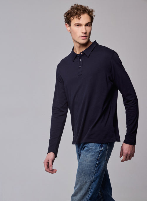 Navy polo shirt Long sleeve polo shirt in organic cotton - MAJESTIC FILATURES