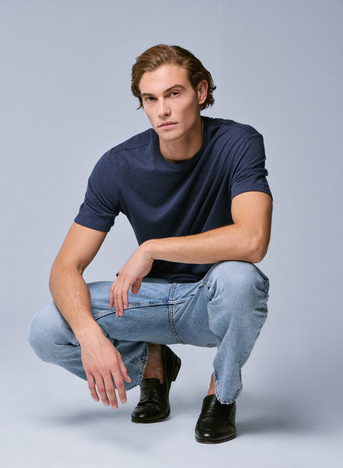 Blaues Kurzarm-T-Shirt mit Rundhalsausschnitt aus Bio-Baumwolle - MAJESTIC FILATURES