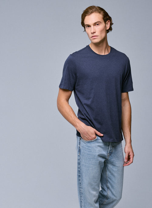Camiseta de manga corta con cuello redondo azul en algodón orgánico - MAJESTIC FILATURES