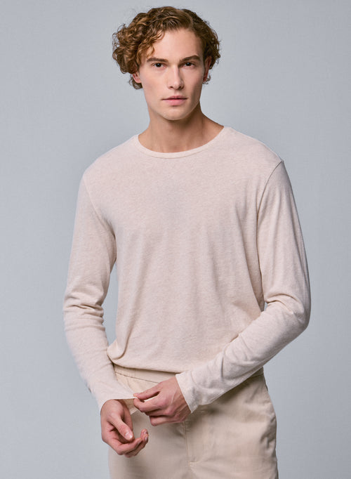 Beigefarbenes Langarm-T-Shirt mit Rundhalsausschnitt aus Bio-Baumwolle - MAJESTIC FILATURES