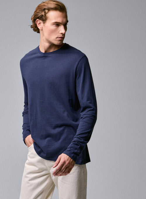 Blue Round Neck Long Sleeve T-shirt in Organic Cotton - MAJESTIC FILATURES