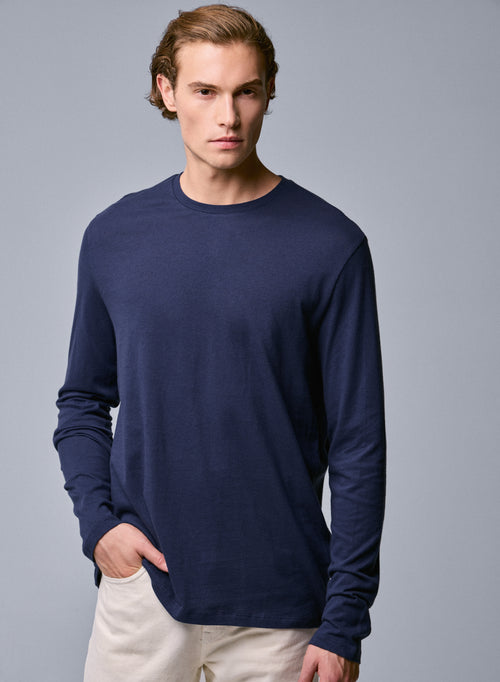 T-shirt Bleu Col Rond Manches Longues en Coton organique - MAJESTIC FILATURES