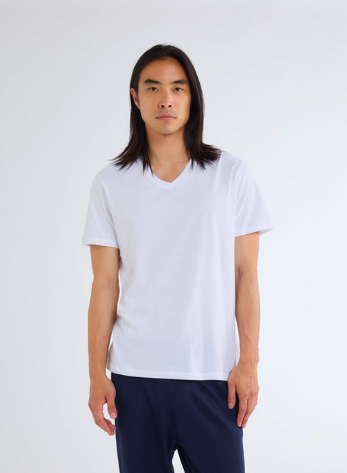 Deluxe Cotton Short Sleeve V-Neck White T-Shirt - MAJESTIC FILATURES