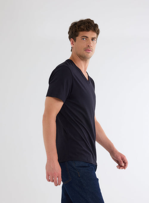 Navy V-Neck Short Sleeve T-Shirt in Deluxe Cotton - MAJESTIC FILATURES