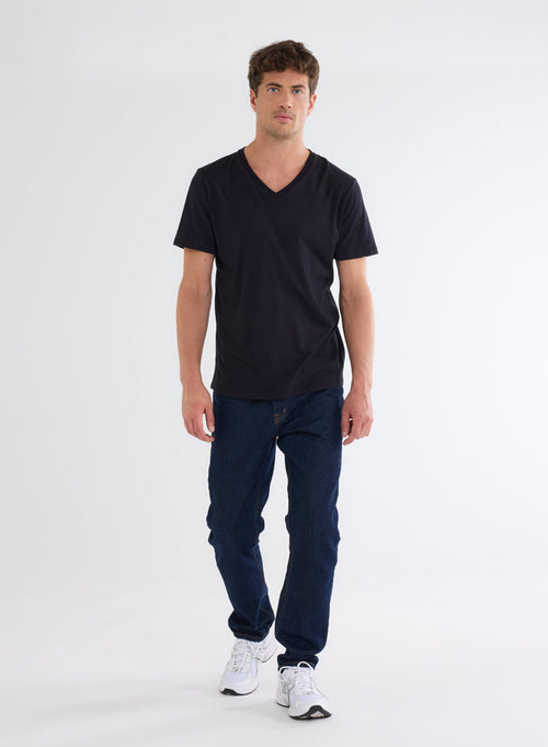 Navy V-Neck Short Sleeve T-Shirt in Deluxe Cotton - MAJESTIC FILATURES