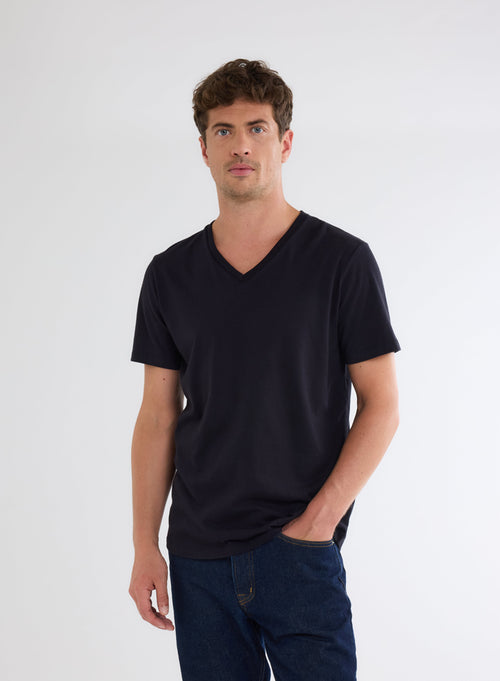 Navy V-Neck Short Sleeve T-Shirt in Deluxe Cotton - MAJESTIC FILATURES