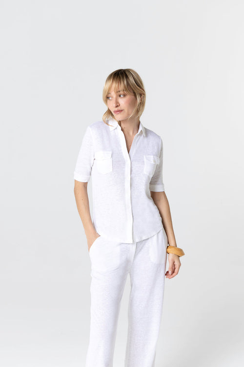 Chemise Blanche Manches Coudes en Lin / Elasthanne - MAJESTIC FILATURES