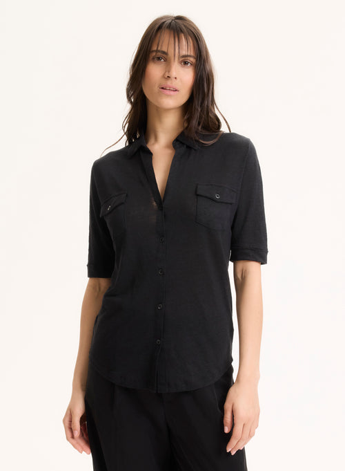 Chemise Noire Manches Coudes en Lin / Elasthanne - MAJESTIC FILATURES