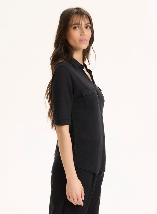 Chemise Noire Manches Coudes en Lin / Elasthanne - MAJESTIC FILATURES