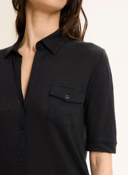 Chemise Noire Manches Coudes en Lin / Elasthanne - MAJESTIC FILATURES