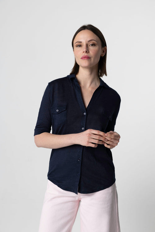 Hemd mit Ellbogenärmeln aus Leinen/Elasthan in Marineblau - MAJESTIC FILATURES