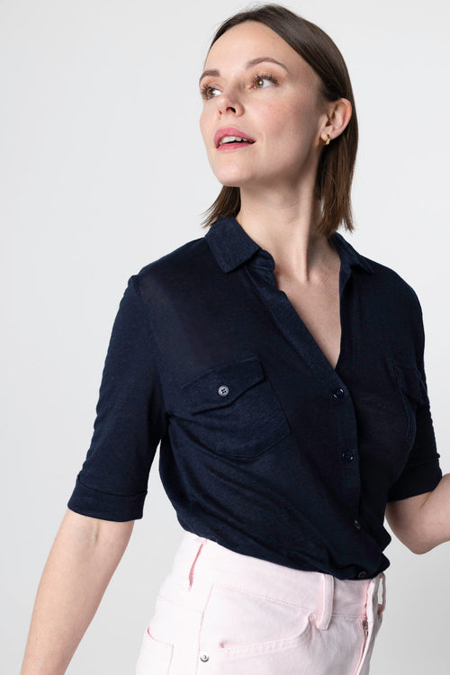 Hemd mit Ellbogenärmeln aus Leinen/Elasthan in Marineblau - MAJESTIC FILATURES