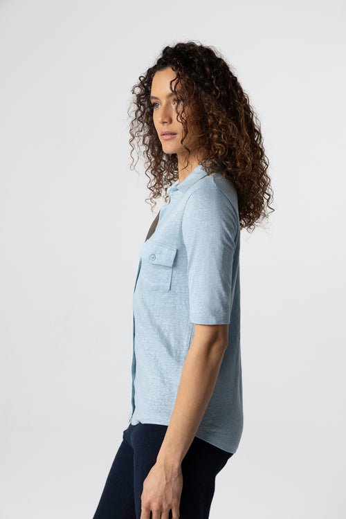 Chemise Bleu Clair Col Chemise Manches 3/4 en Lin / Elasthanne - MAJESTIC FILATURES