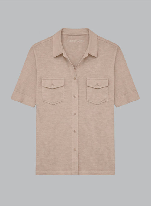 Beige Elbow-Length-Sleeve Collared Shirt in Linen / Elastane - MAJESTIC FILATURES