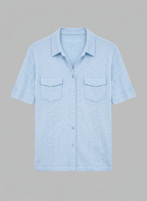 Light Blue Shirt Collar Three-quarter Sleeve Linen / Elastane Shirt - MAJESTIC FILATURES