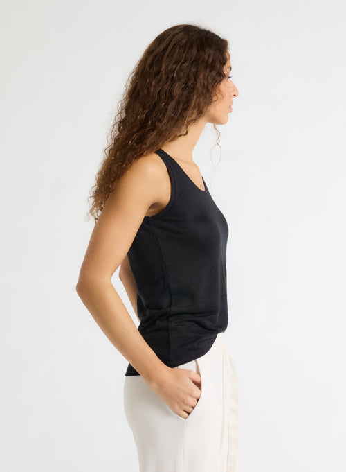 Camiseta de tirantes negra sin mangas©de lino / elastano con cuello en U - MAJESTIC FILATURES
