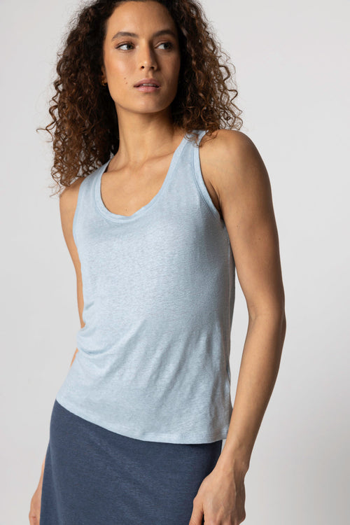 Débardeur Bleu Clair Col U Sans Manches en Lin / Elasthanne - MAJESTIC FILATURES