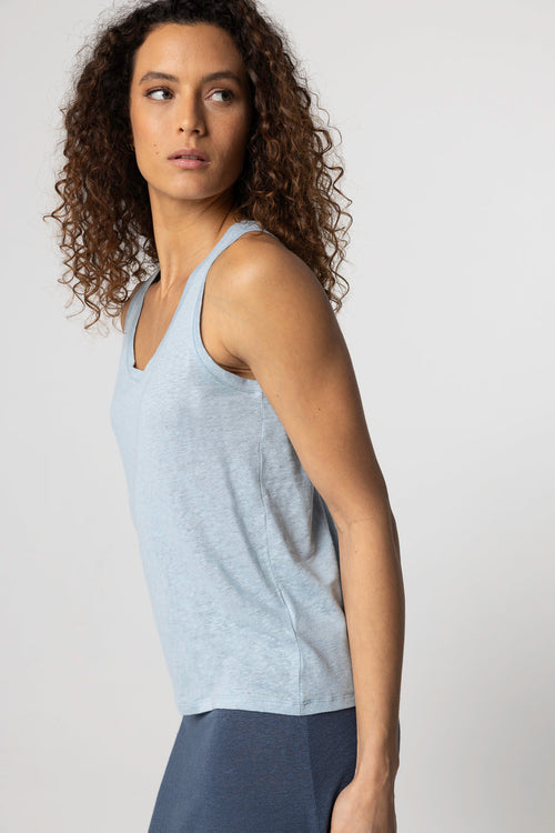 Débardeur Bleu Clair Col U Sans Manches en Lin / Elasthanne - MAJESTIC FILATURES