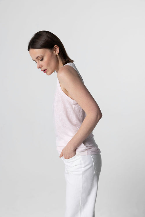 Débardeur Rose Col U Sans Manches en Lin / Elasthanne - MAJESTIC FILATURES