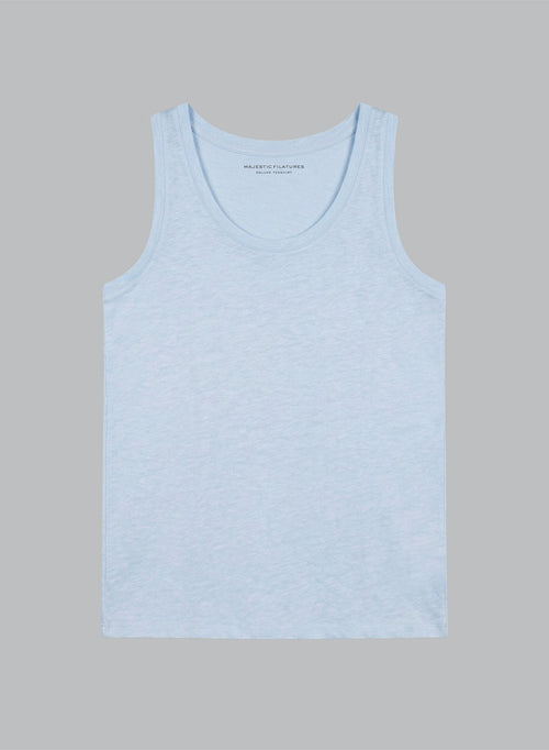 Light blue sleeveless U-neck tank top in linen / elastane - MAJESTIC FILATURES