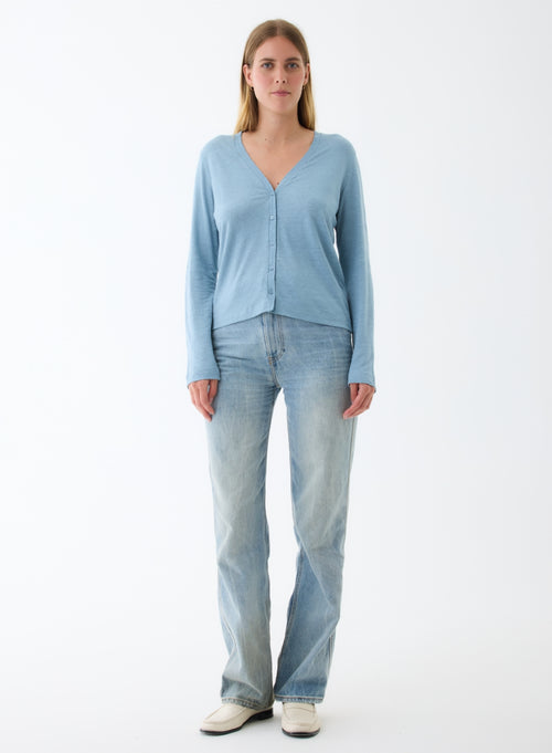 Blaue Strickjacke mit V-Ausschnitt und langen Ärmeln aus Leinen / Elasthan - MAJESTIC FILATURES