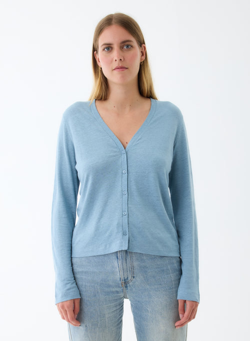 Gilet Bleu Col V Manches Longues en Lin / Elasthanne - MAJESTIC FILATURES