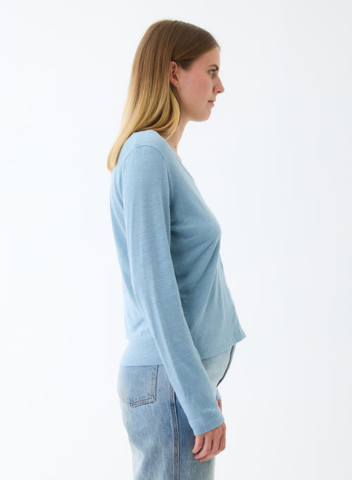 Blaue Strickjacke mit V-Ausschnitt und langen Ärmeln aus Leinen / Elasthan - MAJESTIC FILATURES