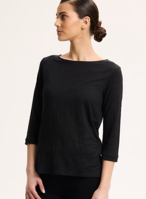 Tee shirt Noir Manches 3/4 Col Bateau en Lin - MAJESTIC FILATURES