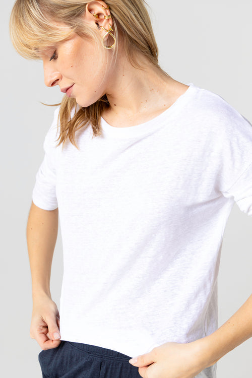 T-shirt Blanc Col Bateau Manches Trois quarts en Lin / Elasthanne - MAJESTIC FILATURES