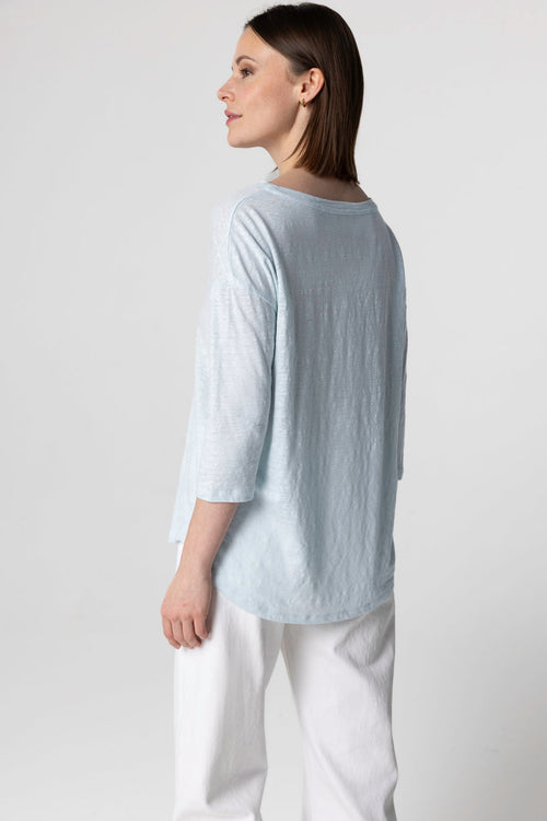 T-shirt Bleu Clair Col Bateau Manches Trois quarts en Lin / Elasthanne - MAJESTIC FILATURES