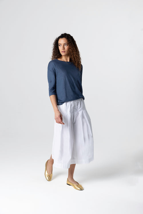 T-shirt Bleu Foncé Col Bateau Manches Trois quarts en Lin / Elasthanne - MAJESTIC FILATURES