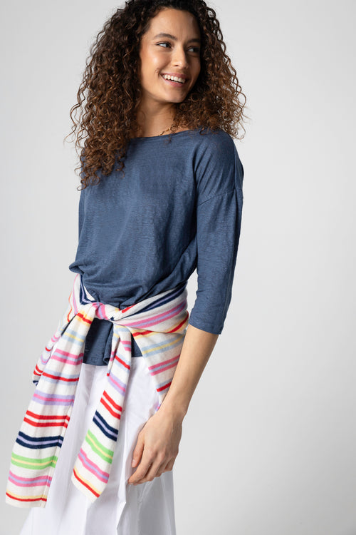 T-shirt Bleu Foncé Col Bateau Manches Trois quarts en Lin / Elasthanne - MAJESTIC FILATURES