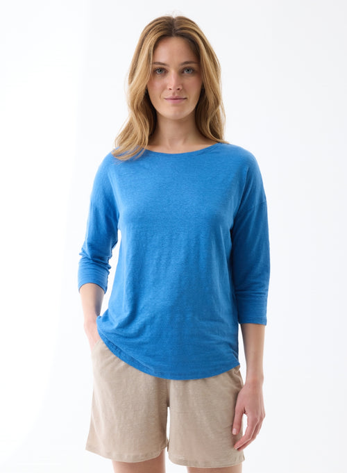 Tee shirt Bleu Col Bateau Manches Trois quarts en Lin / Elasthanne - MAJESTIC FILATURES