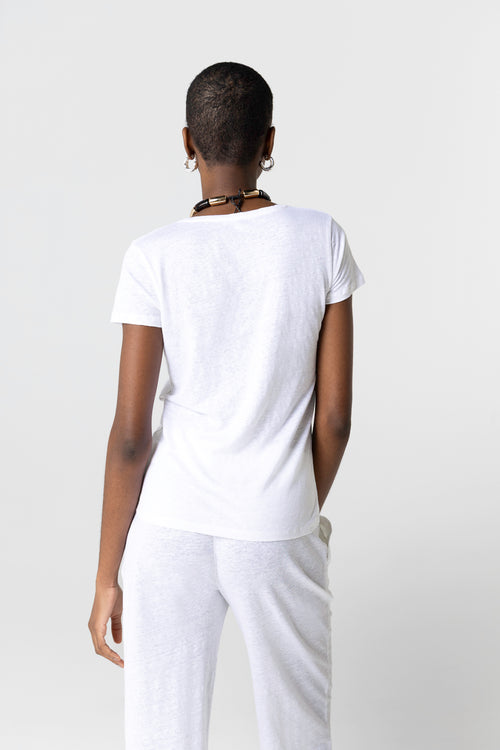 T-shirt Blanc Col V Manches Courtes en Lin / Elasthanne - MAJESTIC FILATURES