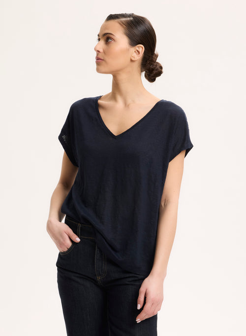 Tee shirt Navy V-neck Short Sleeve - MAJESTIC FILATURES