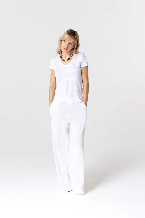 T-shirt Blanc Col V Manches Courtes en Lin et Elasthanne - MAJESTIC FILATURES